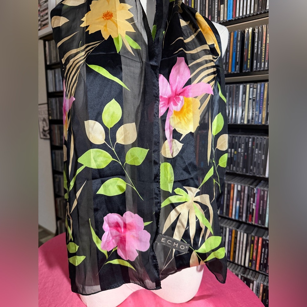 Echo 100% Silk Floral Scarf Sheer Lightweight - Picture 3 of 5
